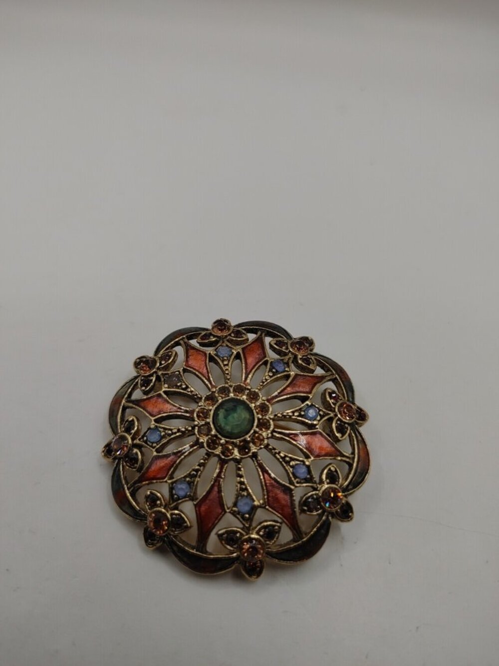 Signed Monet Brooch Pin 1970-1980's multi Colored Crystal & enamel Round VTG